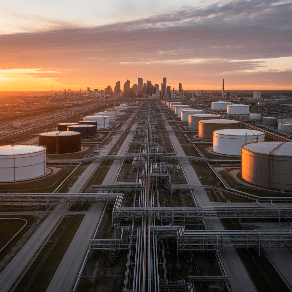 Vue aérienne du corridor énergétique de Houston avec installations pétrolières et raffineries
