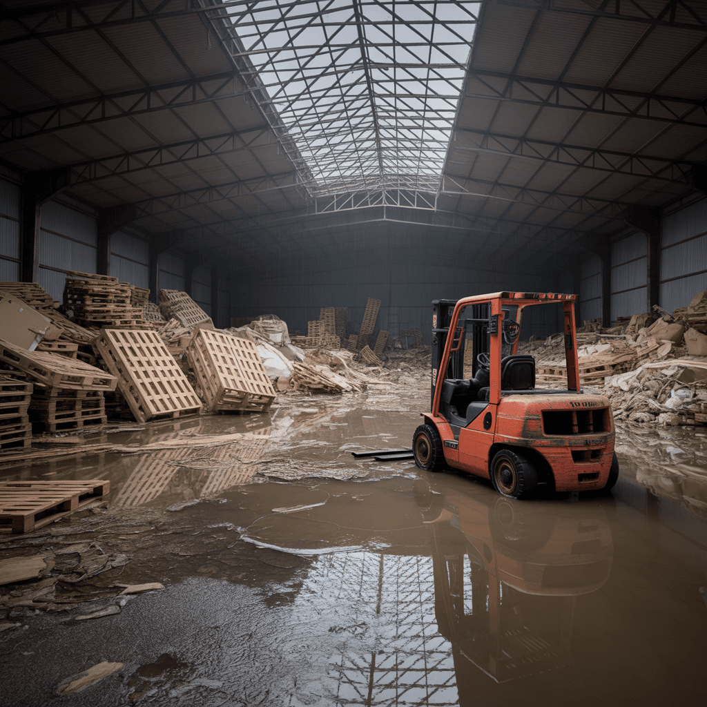 Dégâts d'inondation dans un entrepôt après l'ouragan Harvey, montrant l'impact sur les opérations logistiques